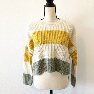 MOON & MADISON Striped Cropped Sweater Cream Yellow Green Womens Small